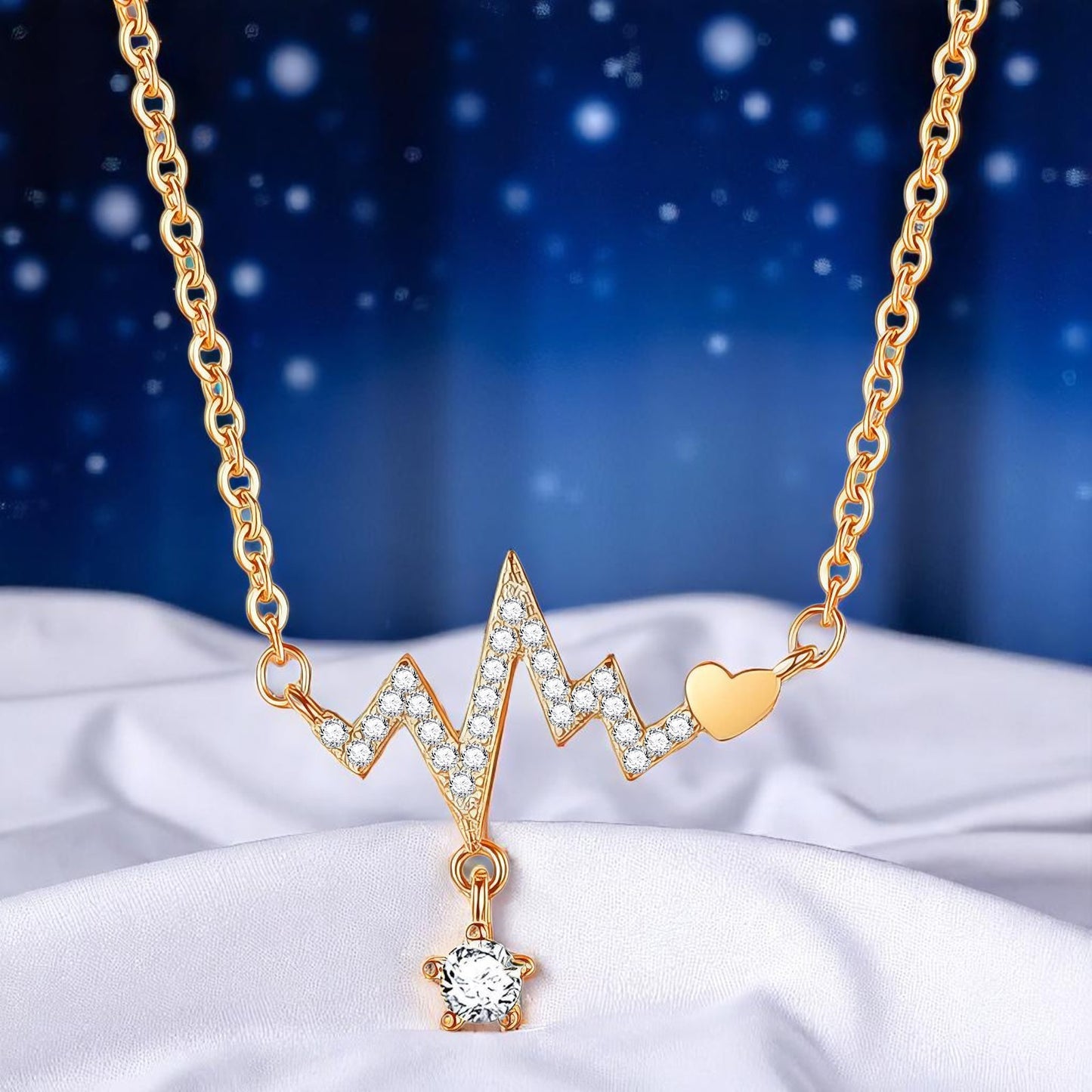 Heart Beat Necklace 18K Gold Plated Stainless Steel with Cubic zirconia