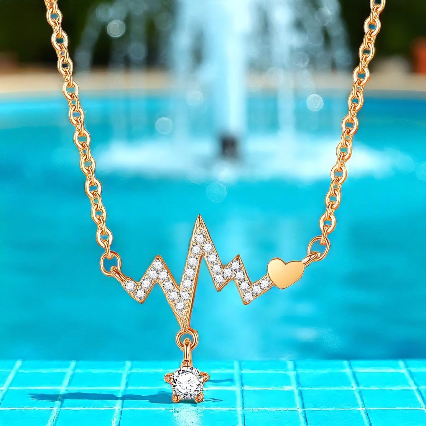 Heart Beat Necklace 18K Gold Plated Stainless Steel with Cubic zirconia