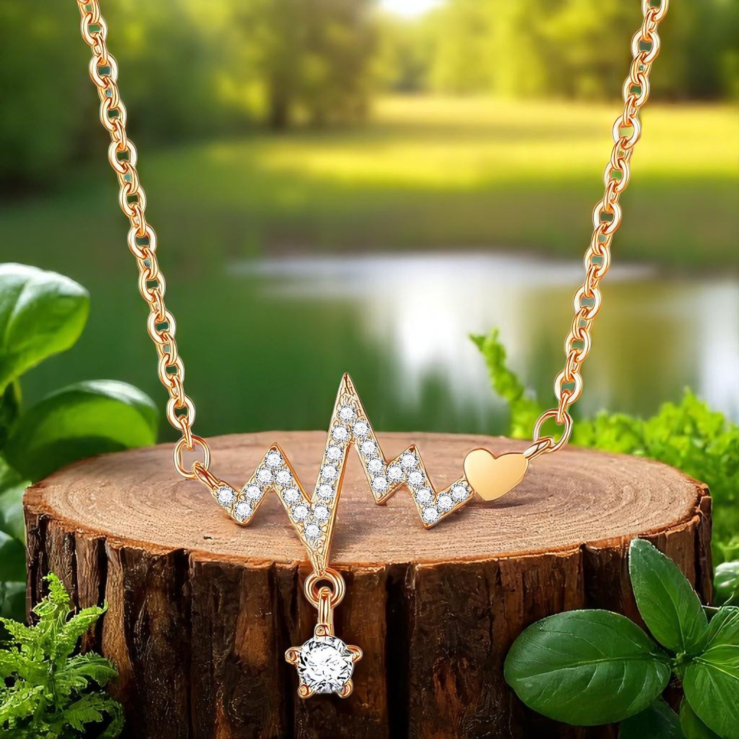 Heart Beat Necklace 18K Gold Plated Stainless Steel with Cubic zirconia