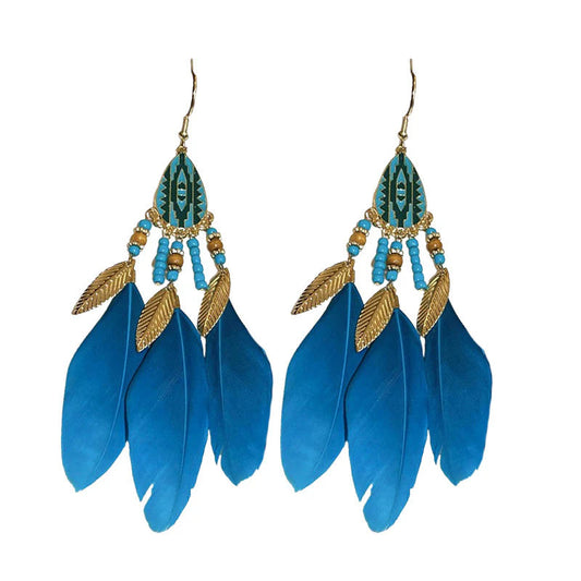 Boho Blue Feather and gold drop earrings