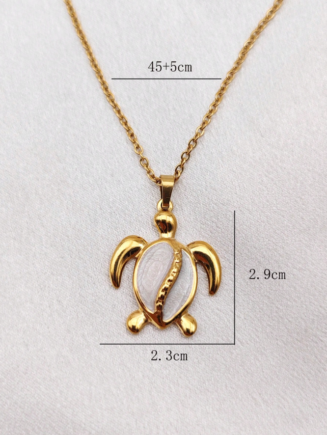 White turtle pendant necklace, 18K Gold Stainless Steel with shell insert