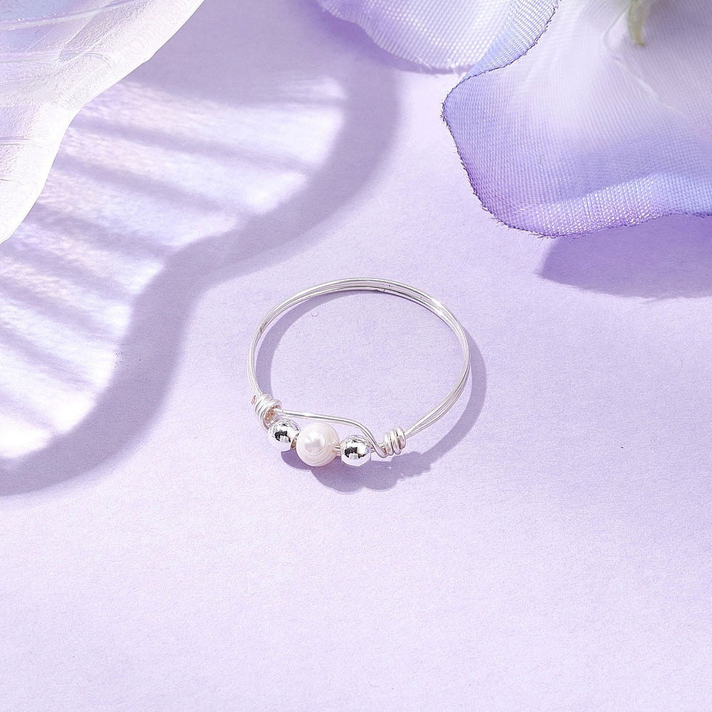 Cultured Freshwater Pearl Stack Ring, hand wrapped gold or silver colour copper wire