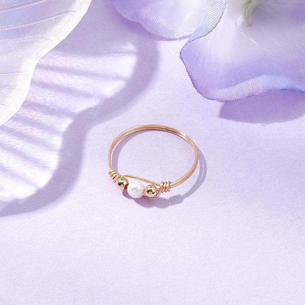 Cultured Freshwater Pearl Stack Ring, hand wrapped gold or silver colour copper wire