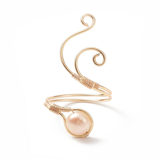 Freshwater Pearl Cuff Ring, hand wrapped gold colour copper wire