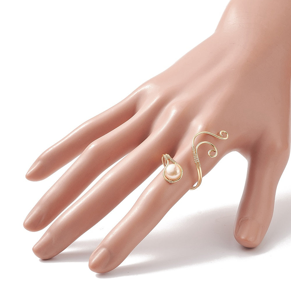 Freshwater Pearl Cuff Ring, hand wrapped gold colour copper wire
