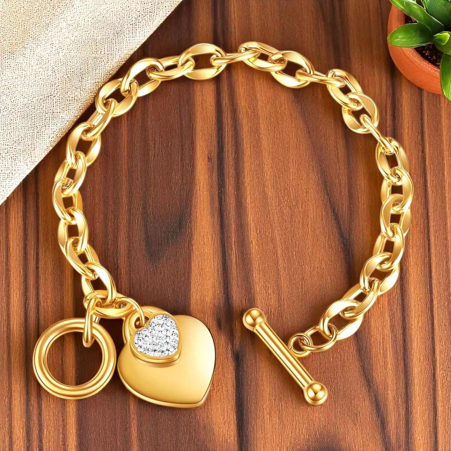 Double Hearts Bracelet 18K Gold Plated Stainless Steel with Cubic zirconia inserts