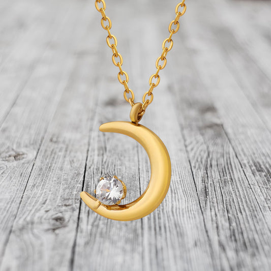 Crescent Moon Necklace 18K Gold Plated Stainless Steel with Cubic zirconia