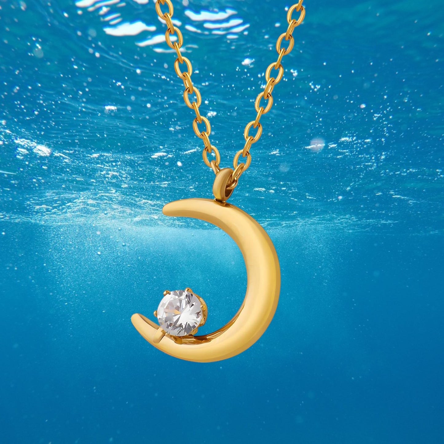 Crescent Moon Necklace 18K Gold Plated Stainless Steel with Cubic zirconia