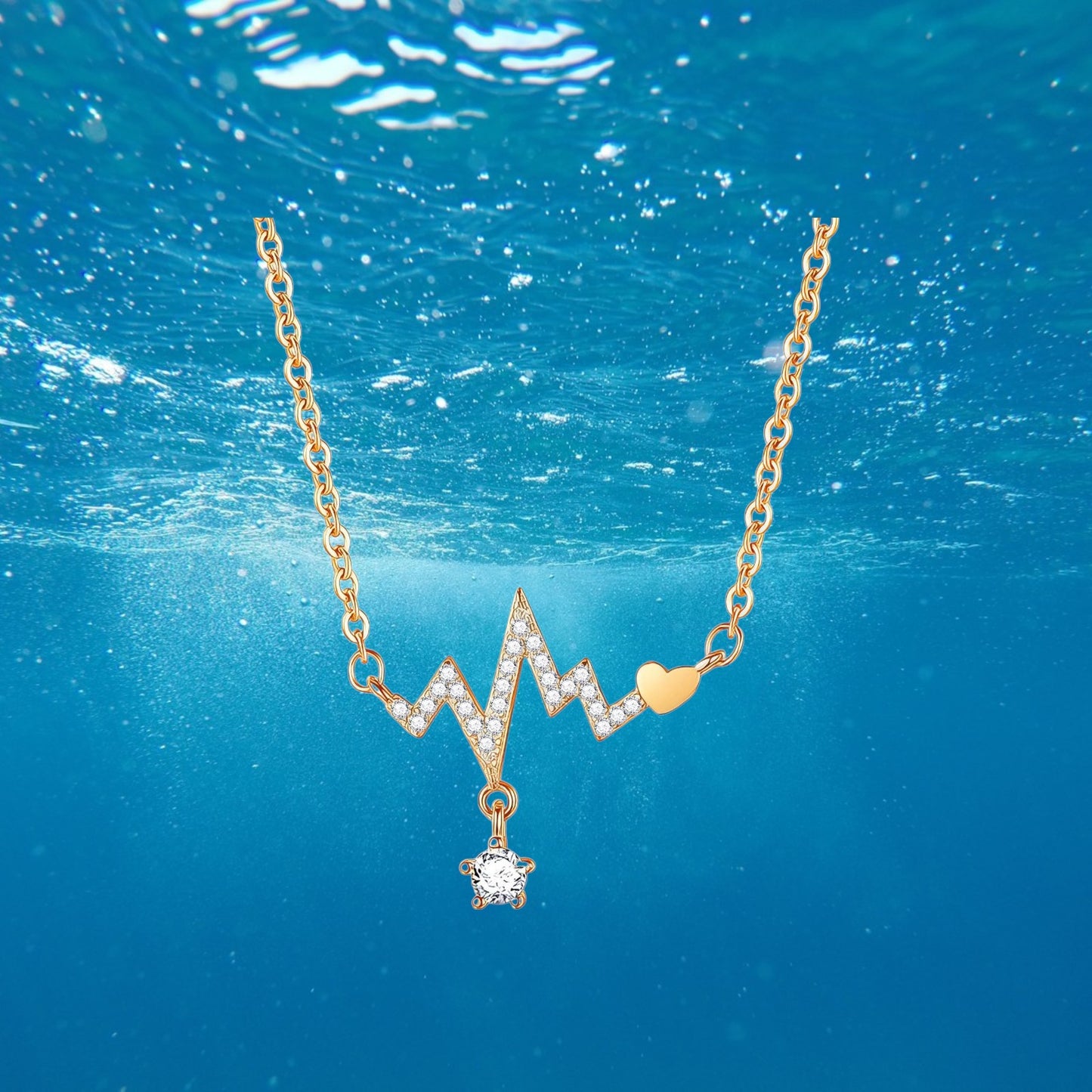 Heart Beat Necklace 18K Gold Plated Stainless Steel with Cubic zirconia