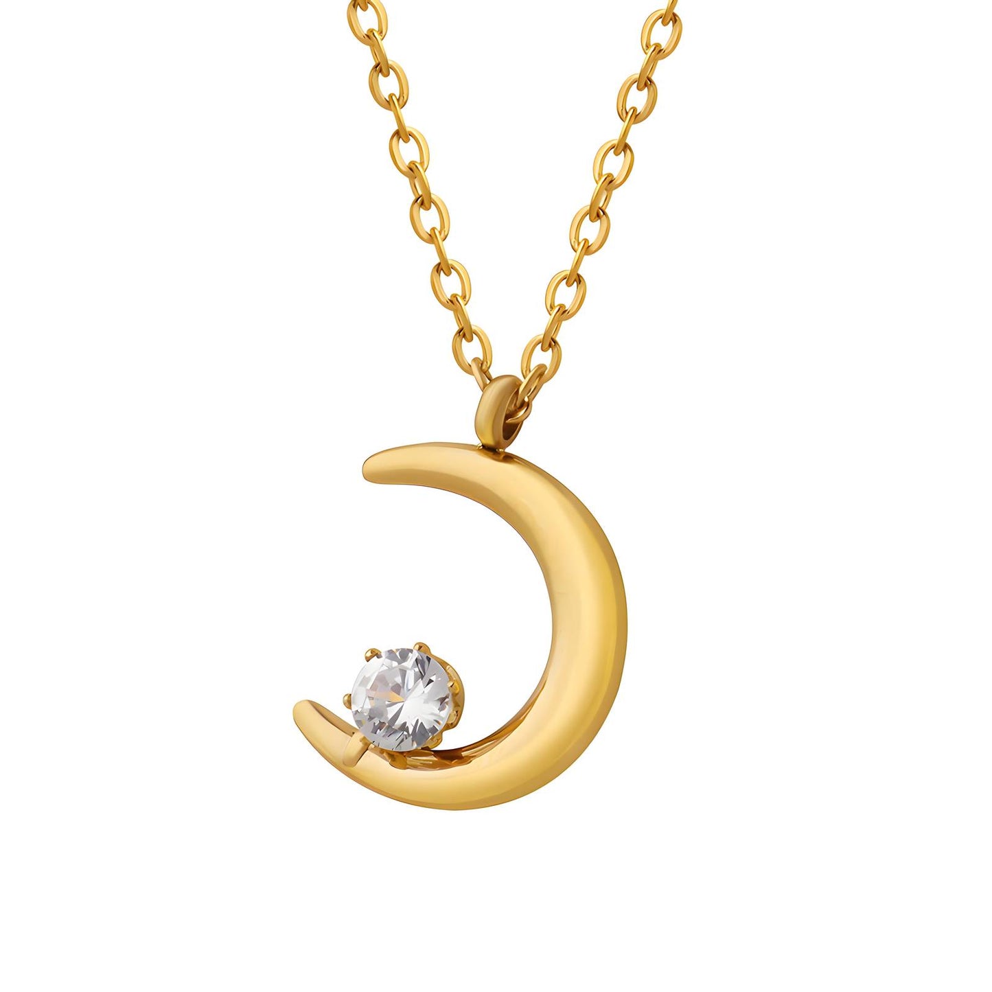 Crescent Moon Necklace 18K Gold Plated Stainless Steel with Cubic zirconia