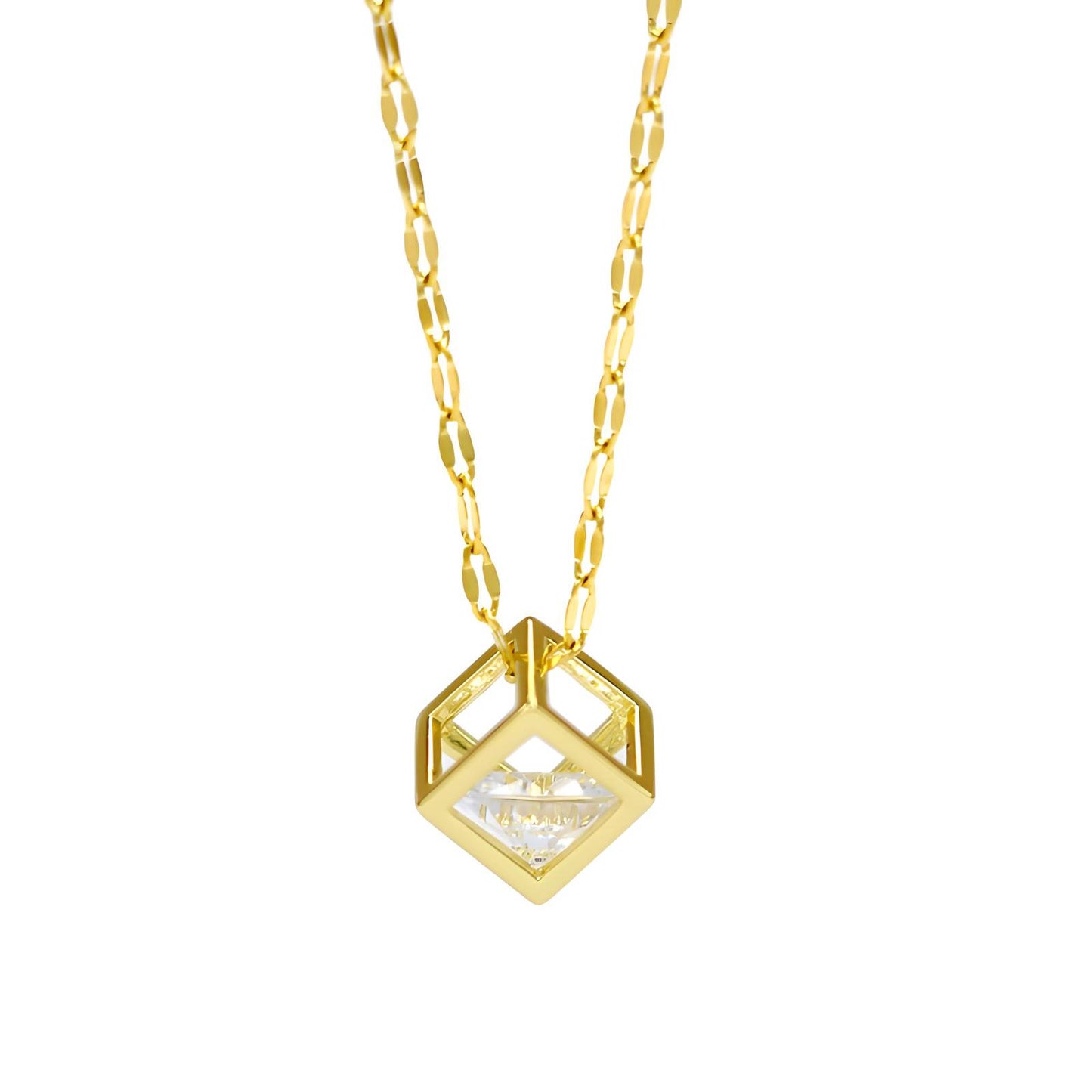 Cube Cage Cubic Zirconia Necklace 18K Gold Plated Stainless Steel