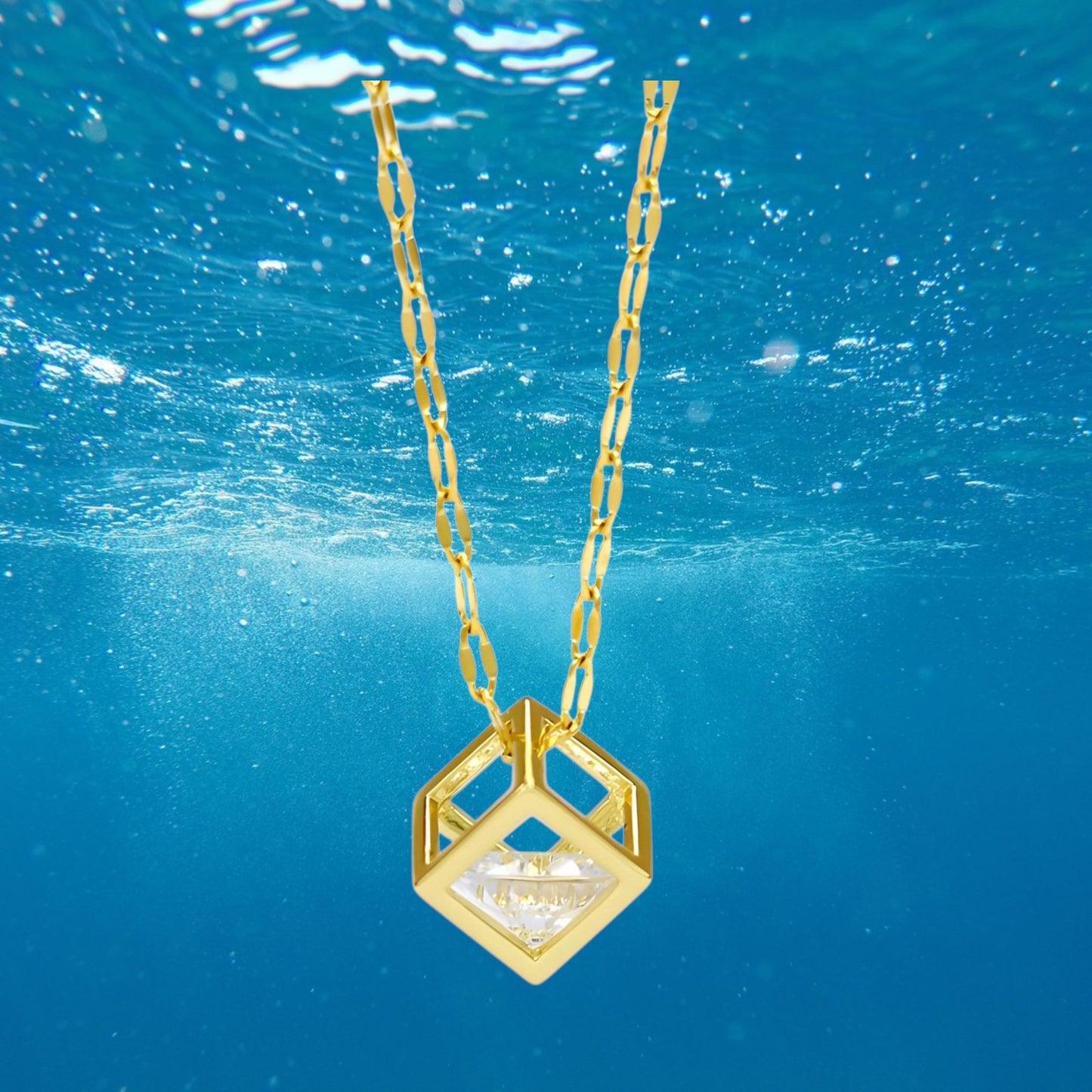 Cube Cage Cubic Zirconia Necklace 18K Gold Plated Stainless Steel