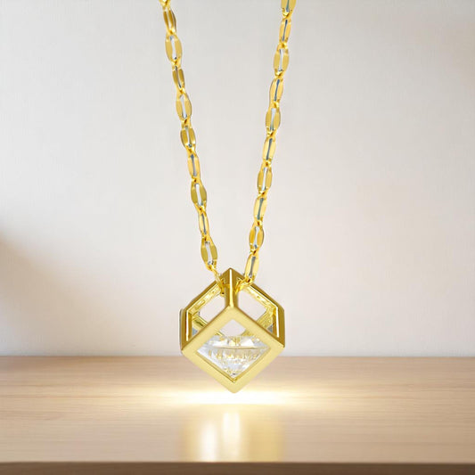 Cube Cage Cubic Zirconia Necklace 18K Gold Plated Stainless Steel
