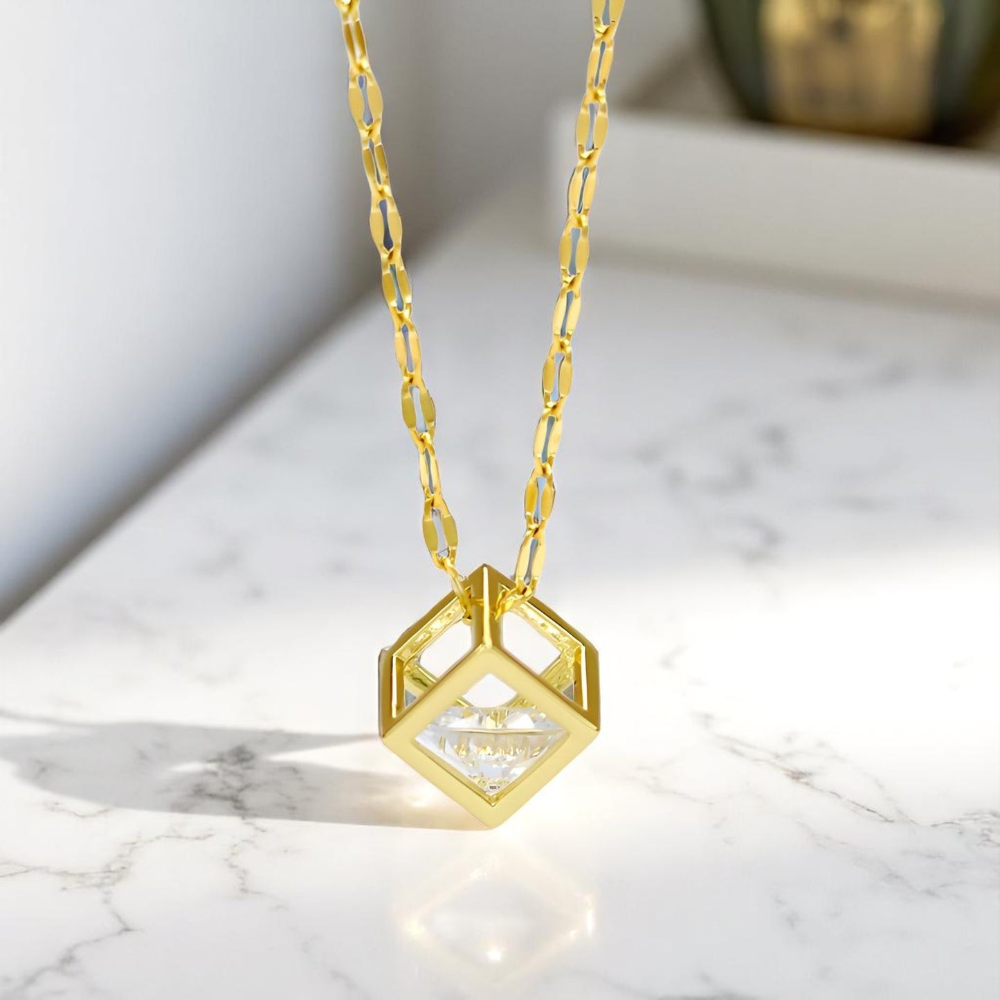 Cube Cage Cubic Zirconia Necklace 18K Gold Plated Stainless Steel