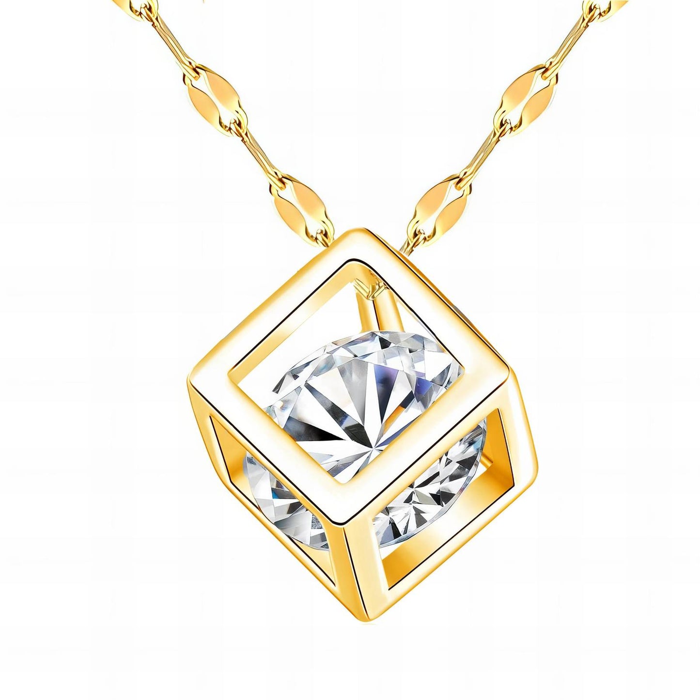 Cube Cage Cubic Zirconia Necklace 18K Gold Plated Stainless Steel