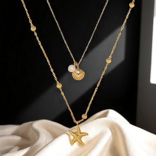 Marine Charm Double Necklace Cubic Zirconia Necklace 18K Gold Plated Stainless Steel