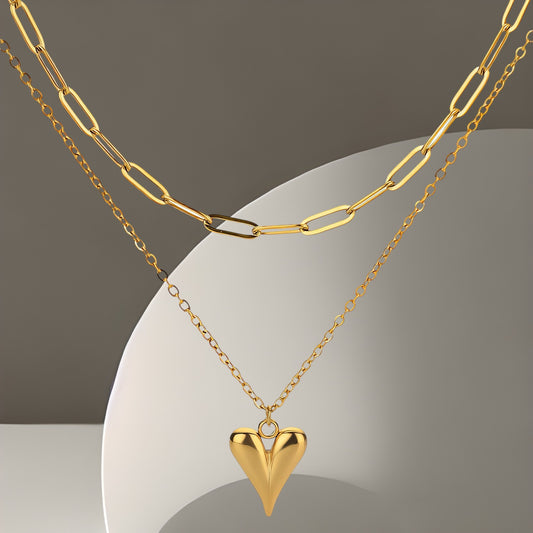 Heart Double Chain Necklace 18K Gold Plated Stainless Steel