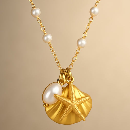Starfish and Seashell Pearl Necklace 18K Gold Plated Stainless Steel with Cubic zirconia