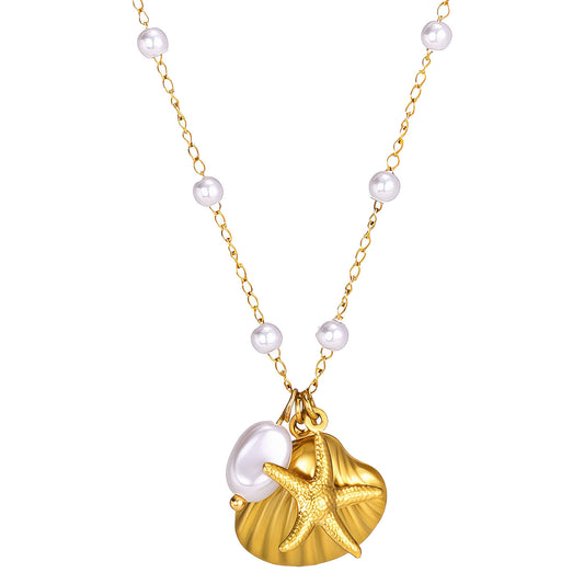 Starfish and Seashell Pearl Necklace 18K Gold Plated Stainless Steel with Cubic zirconia