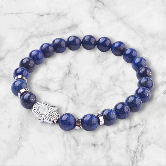 Natural Lapis Lazuli Stretch Bracelet with Hamsa Hand/Hand of Fatima/Hand of Miriam
