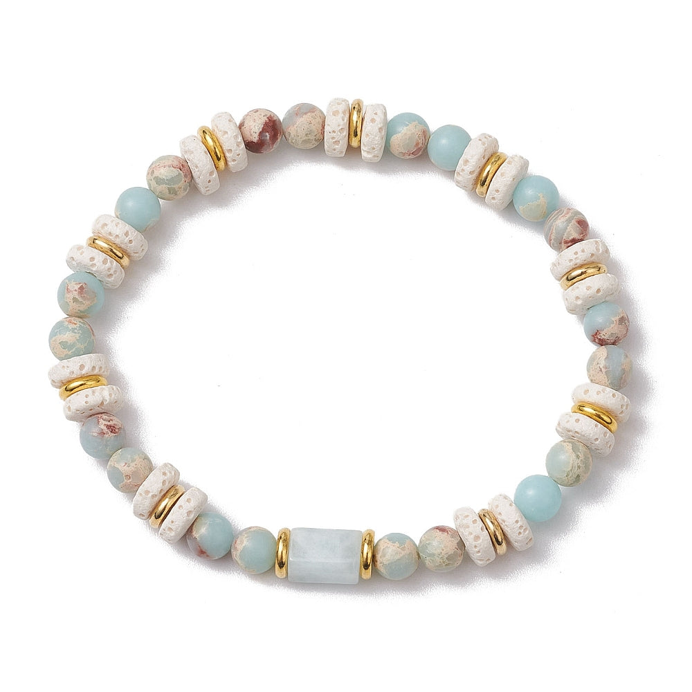 Natural Lava Rock and Synthetic Aqua Terra Jasper plus Natural Aquamarine Beads Stretch Bracelet