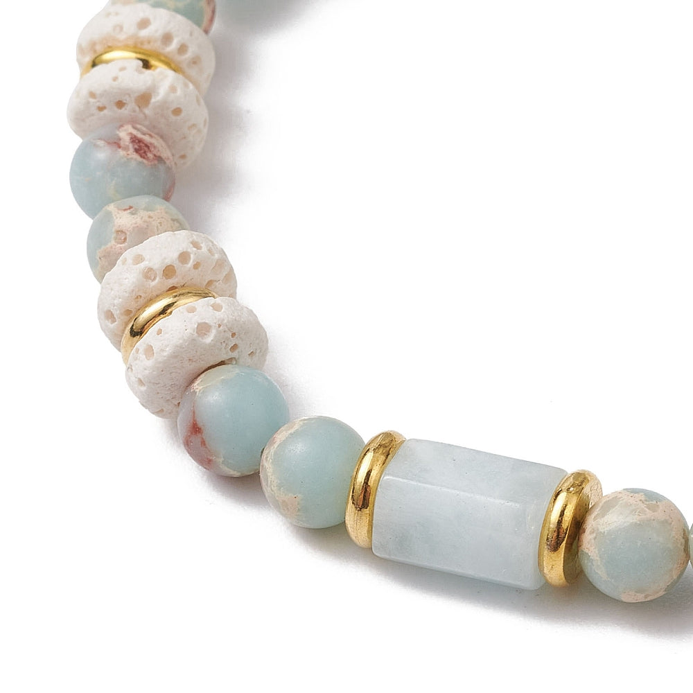Natural Lava Rock and Synthetic Aqua Terra Jasper plus Natural Aquamarine Beads Stretch Bracelet