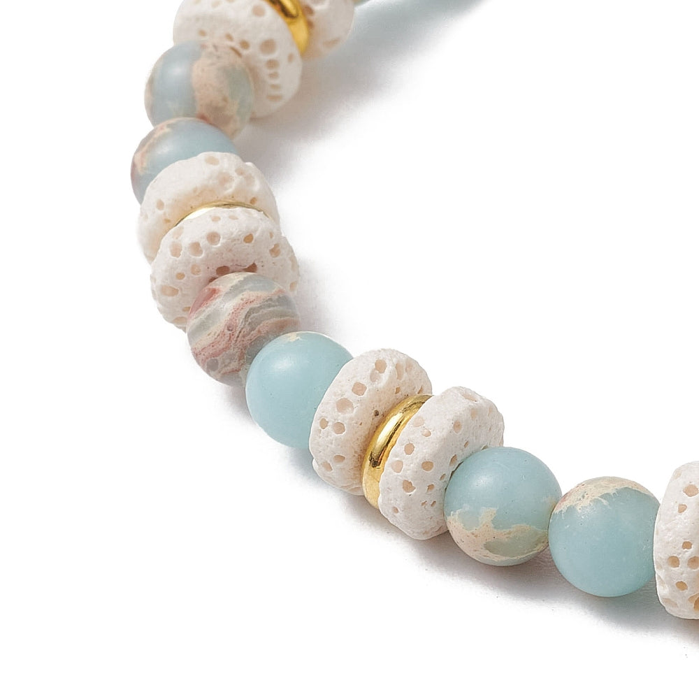 Natural Lava Rock and Synthetic Aqua Terra Jasper plus Natural Aquamarine Beads Stretch Bracelet