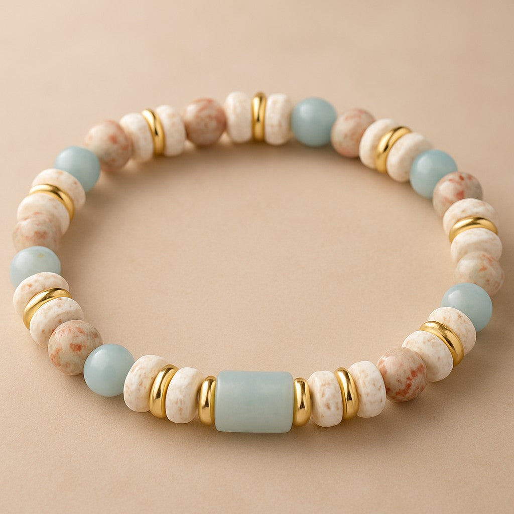 Natural Lava Rock and Synthetic Aqua Terra Jasper plus Natural Aquamarine Beads Stretch Bracelet