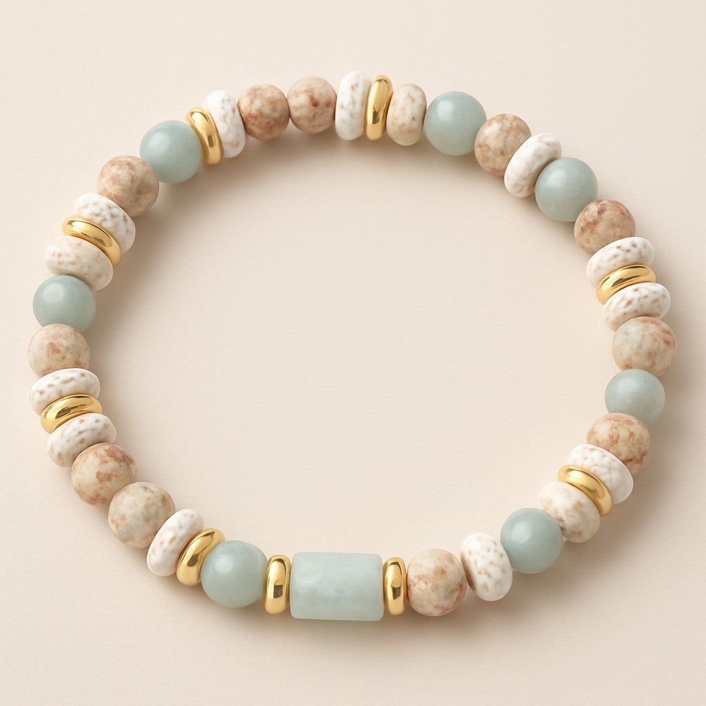 Natural Lava Rock and Synthetic Aqua Terra Jasper plus Natural Aquamarine Beads Stretch Bracelet
