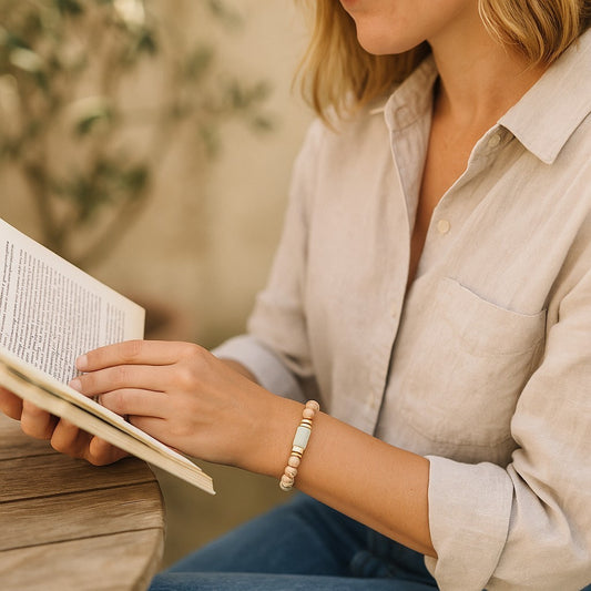 Natural Lava Rock and Synthetic Aqua Terra Jasper plus Natural Aquamarine Beads Stretch Bracelet