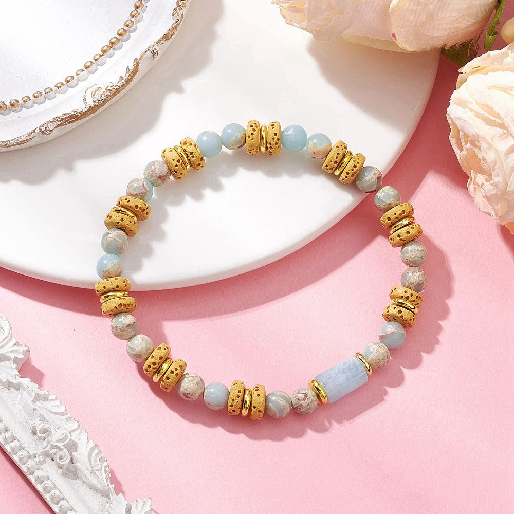 Natural Yellow Lava Rock and Synthetic Aqua Terra Jasper plus Natural Aquamarine Beads Stretch Bracelet