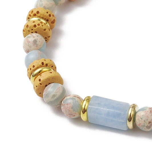 Natural Yellow Lava Rock and Synthetic Aqua Terra Jasper plus Natural Aquamarine Beads Stretch Bracelet