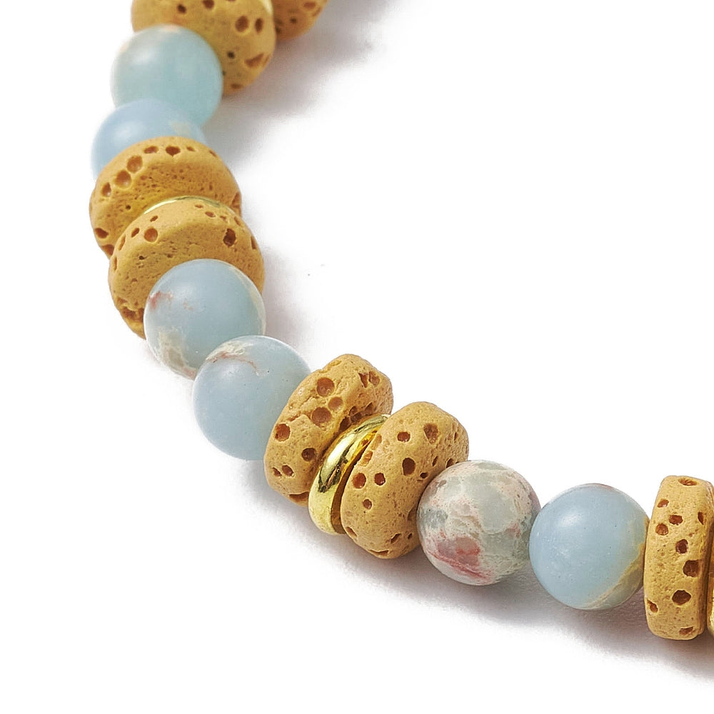 Natural Yellow Lava Rock and Synthetic Aqua Terra Jasper plus Natural Aquamarine Beads Stretch Bracelet
