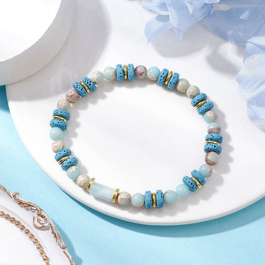Natural Lava Rock, Synthetic Aqua Terra Jasper and Natural Aquamarine Beads Stretch Bracelets, light blue