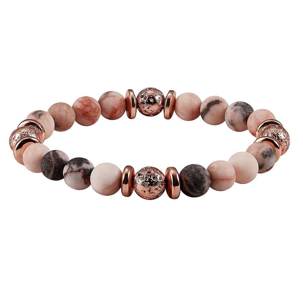 Gemstone Beads Stretch Bracelet, Hematite, Natural Lava Rock & Pink Zebra Jasper Beads Non-magnetic Synthetic Hematite Bracelet for Women