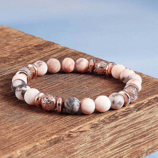 Gemstone Beads Stretch Bracelet, Hematite, Natural Lava Rock & Pink Zebra Jasper Beads Non-magnetic Synthetic Hematite Bracelet for Women