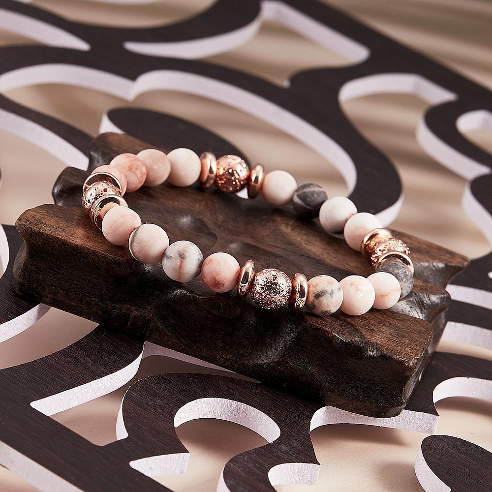 Gemstone Beads Stretch Bracelet, Hematite, Natural Lava Rock & Pink Zebra Jasper Beads Non-magnetic Synthetic Hematite Bracelet for Women