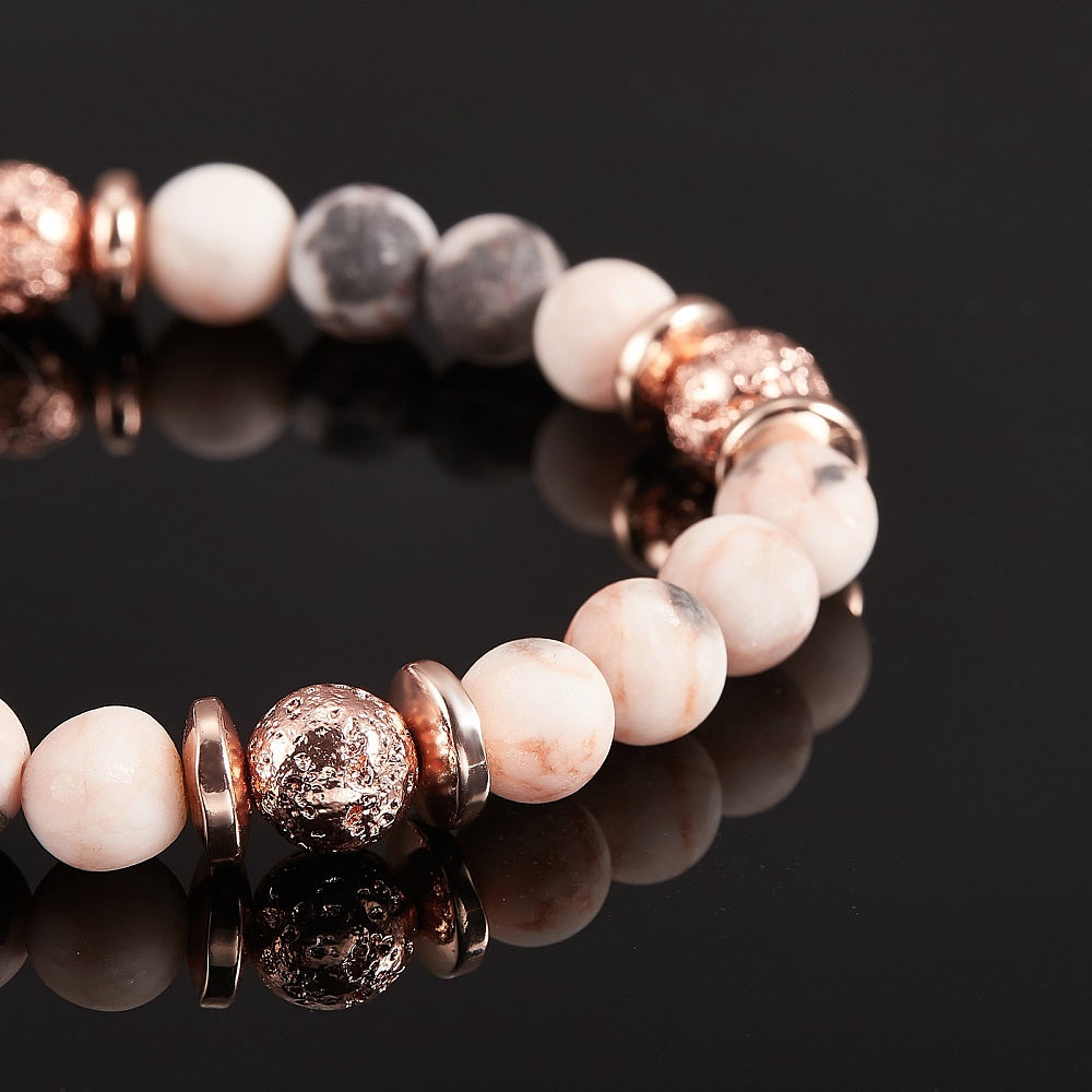 Gemstone Beads Stretch Bracelet, Hematite, Natural Lava Rock & Pink Zebra Jasper Beads Non-magnetic Synthetic Hematite Bracelet for Women