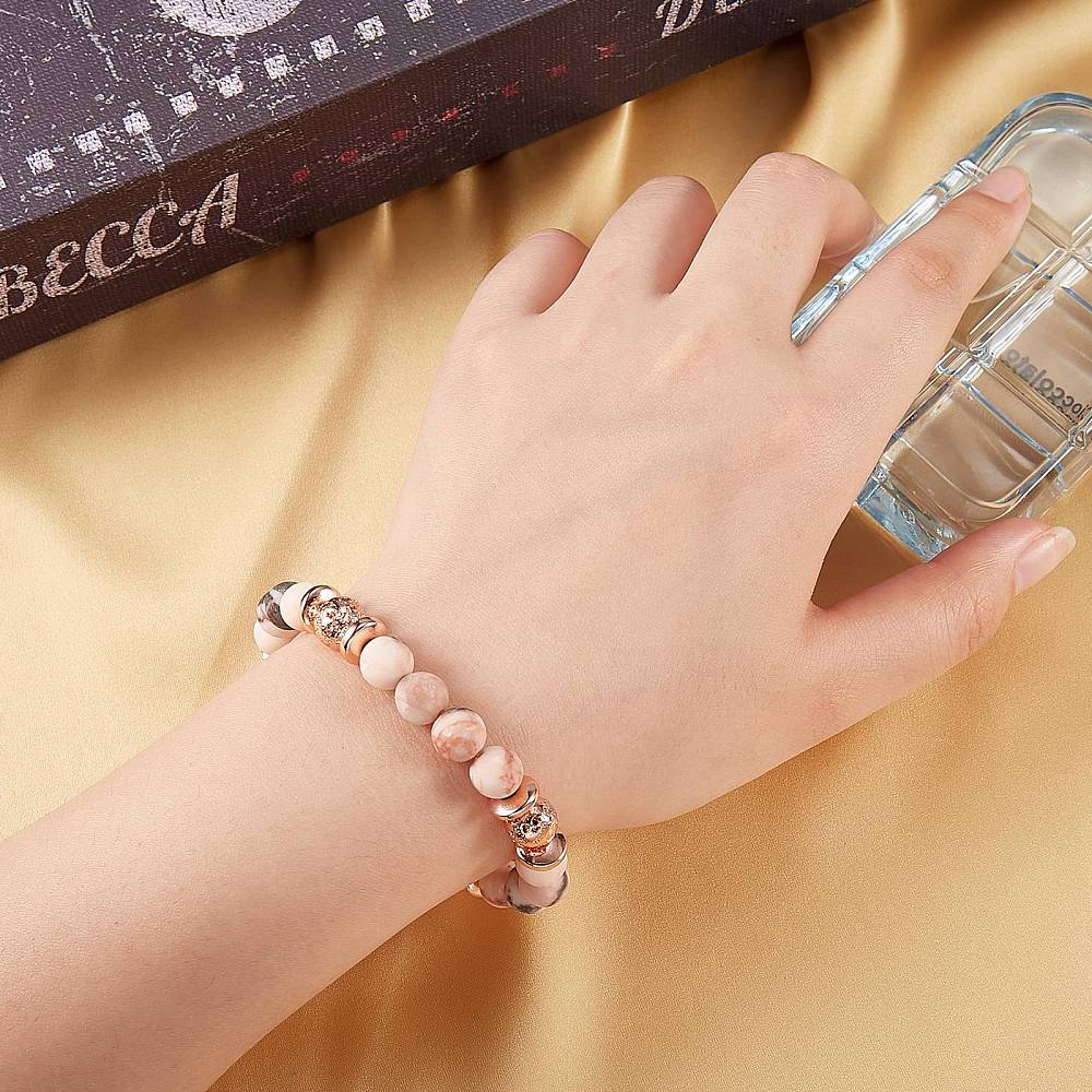 Gemstone Beads Stretch Bracelet, Hematite, Natural Lava Rock & Pink Zebra Jasper Beads Non-magnetic Synthetic Hematite Bracelet for Women