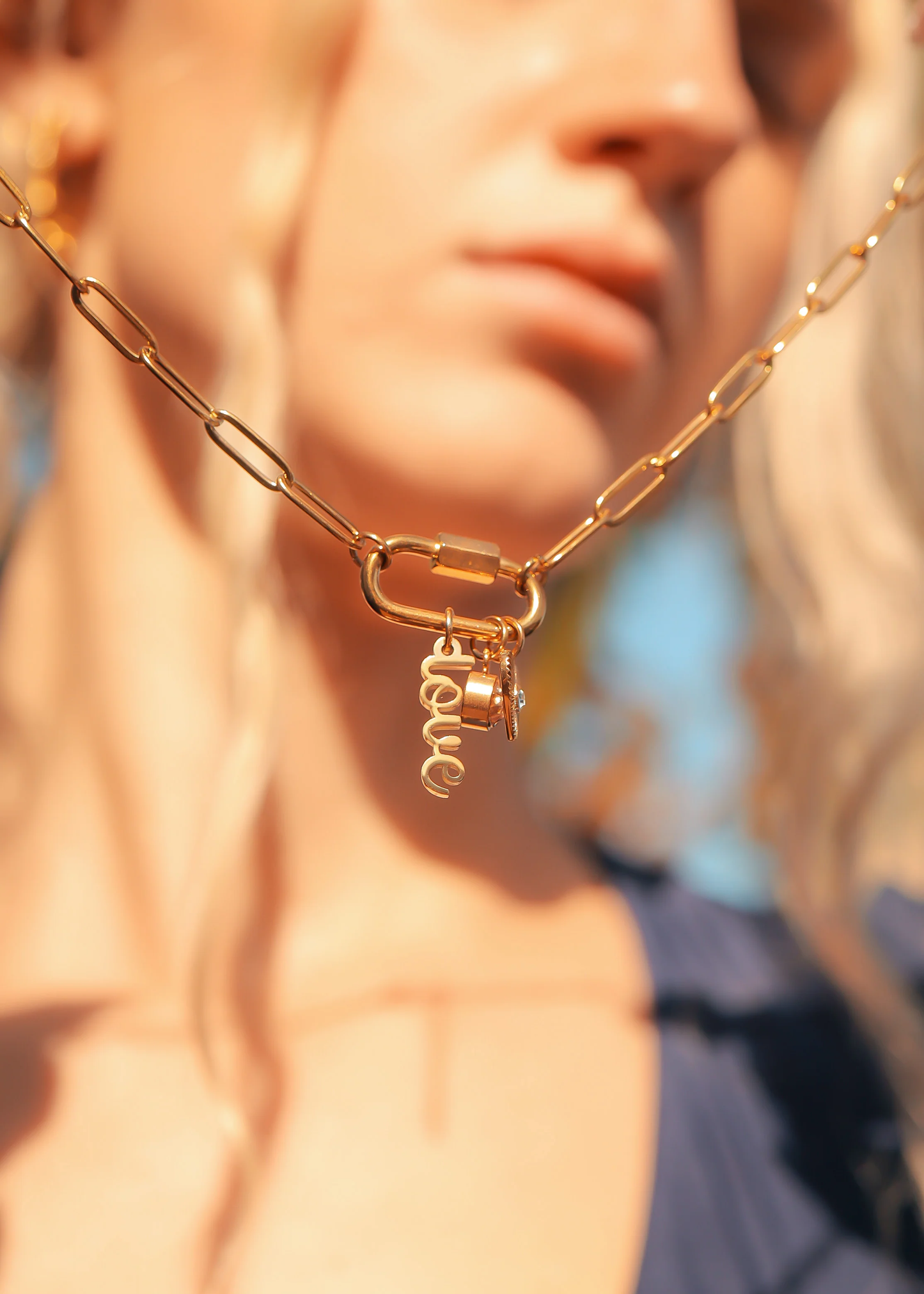 Carabiner Love Charm Paperclip Necklace 18K Gold Plated Stainless Steel, 18"