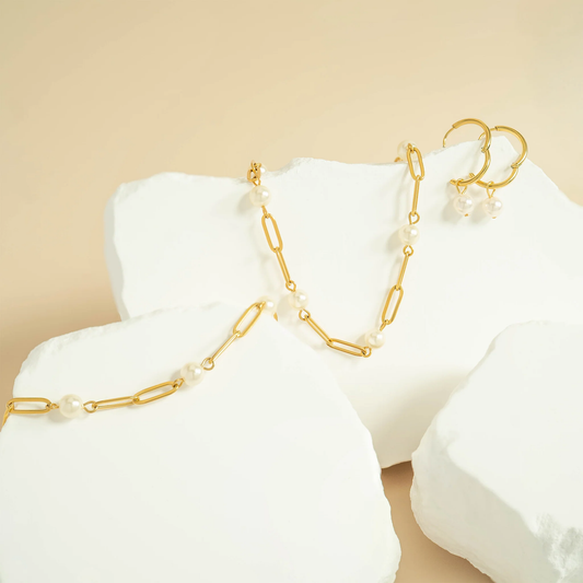 Pearl Station Paperclip Chain Necklace, 18K Gold Plated, Stainless Steel