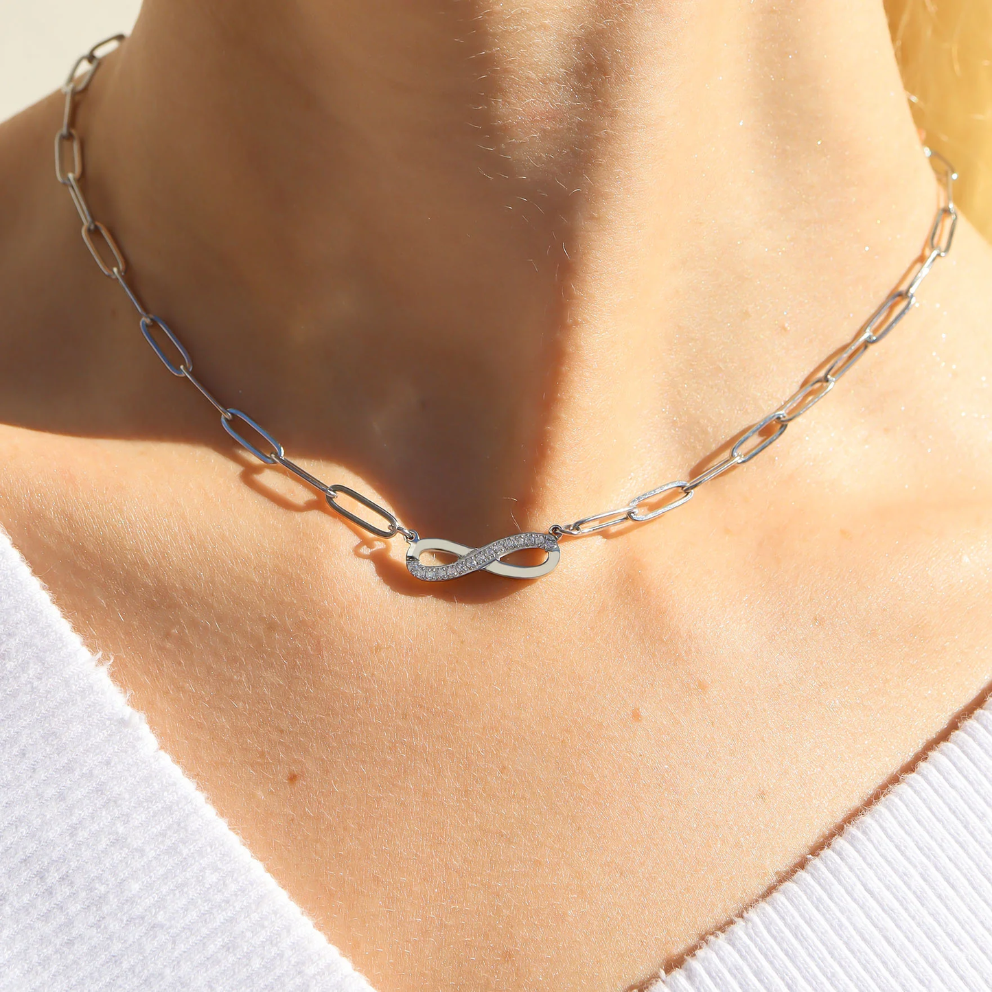 Infinity Paperclip Chain Necklace, 18K Gold Plated Stainless Steel and Cubic Zirconia