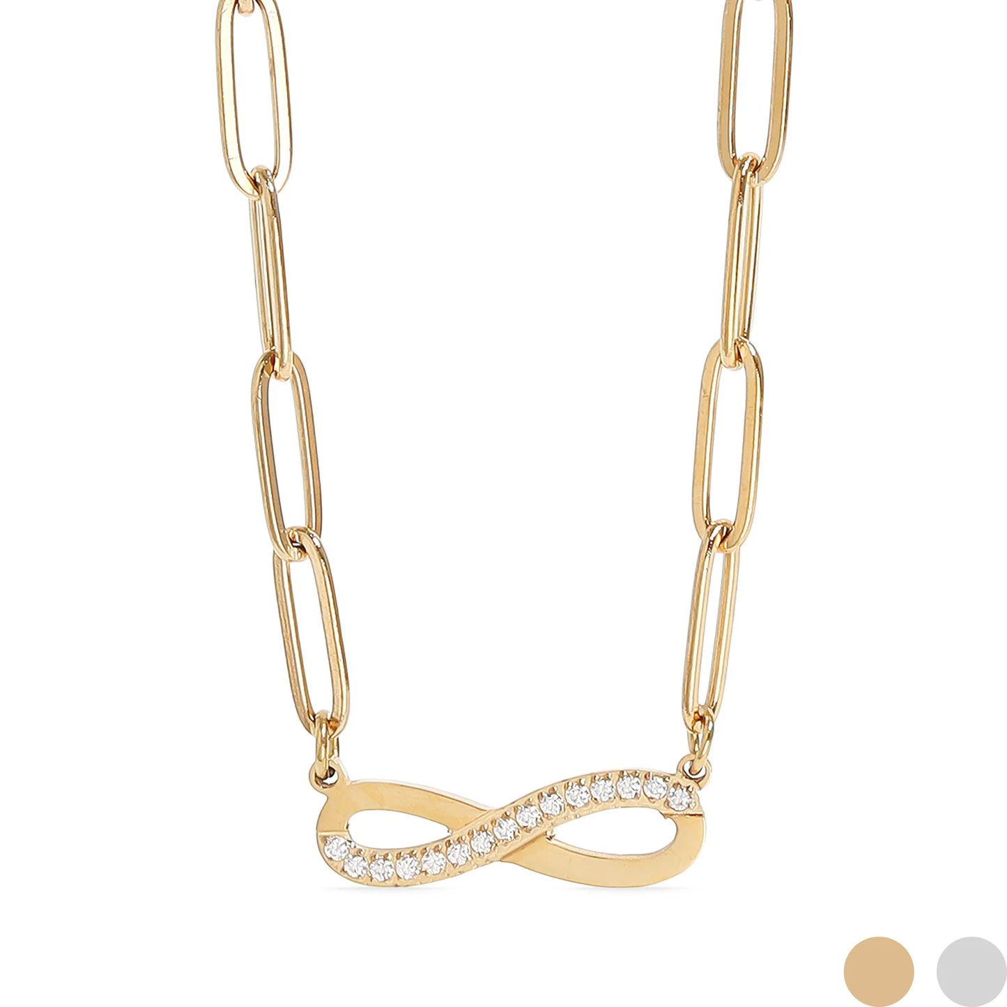 Infinity Paperclip Chain Necklace, 18K Gold Plated Stainless Steel and Cubic Zirconia