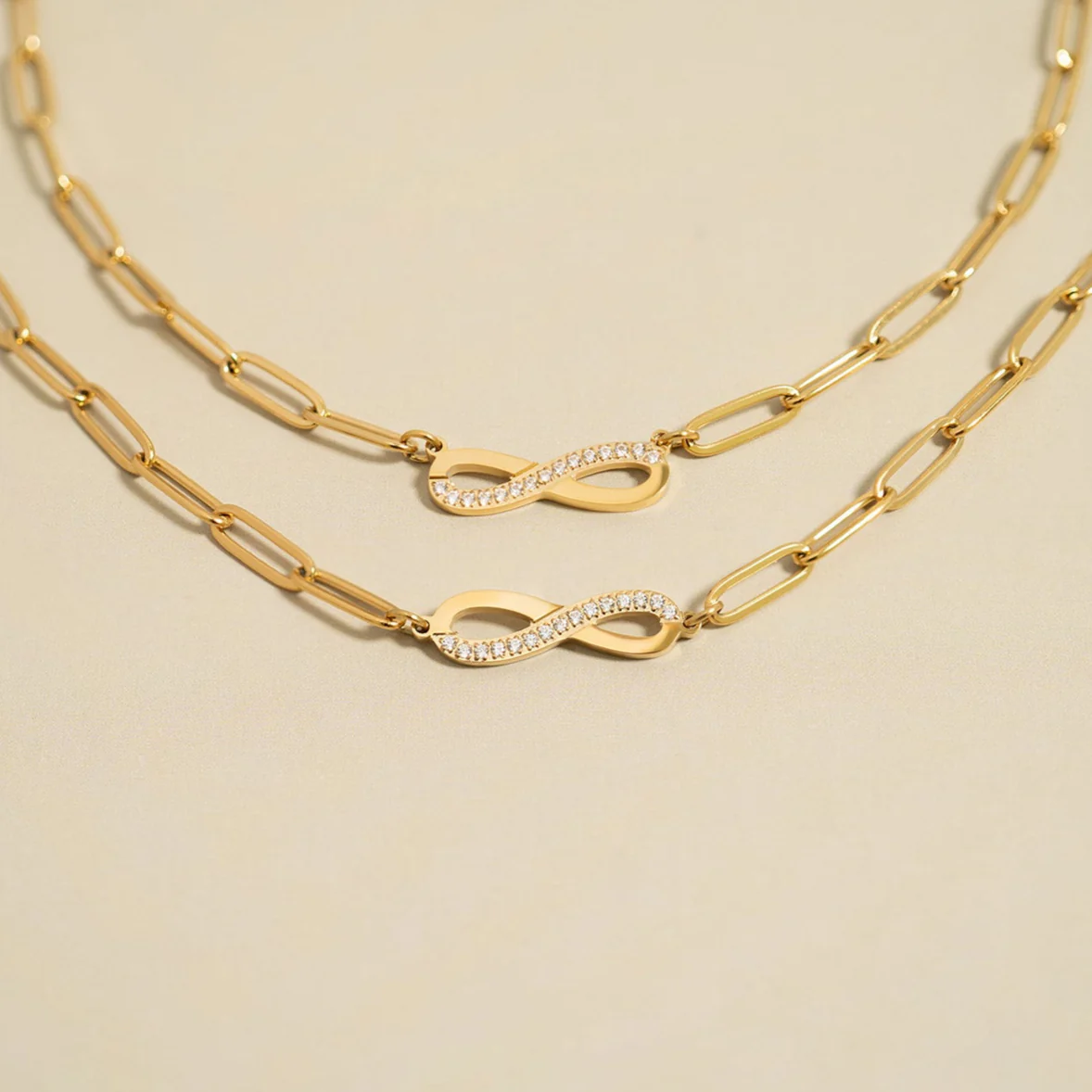 Infinity Paperclip Chain Necklace, 18K Gold Plated Stainless Steel and Cubic Zirconia