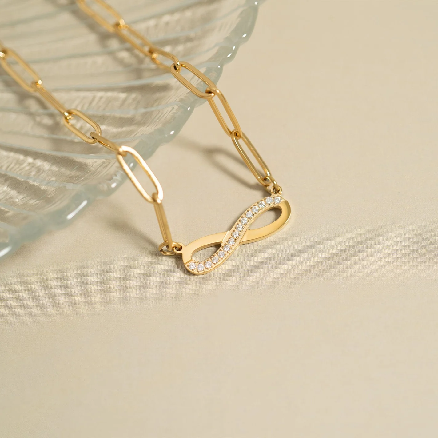 Infinity Paperclip Chain Necklace, 18K Gold Plated Stainless Steel and Cubic Zirconia