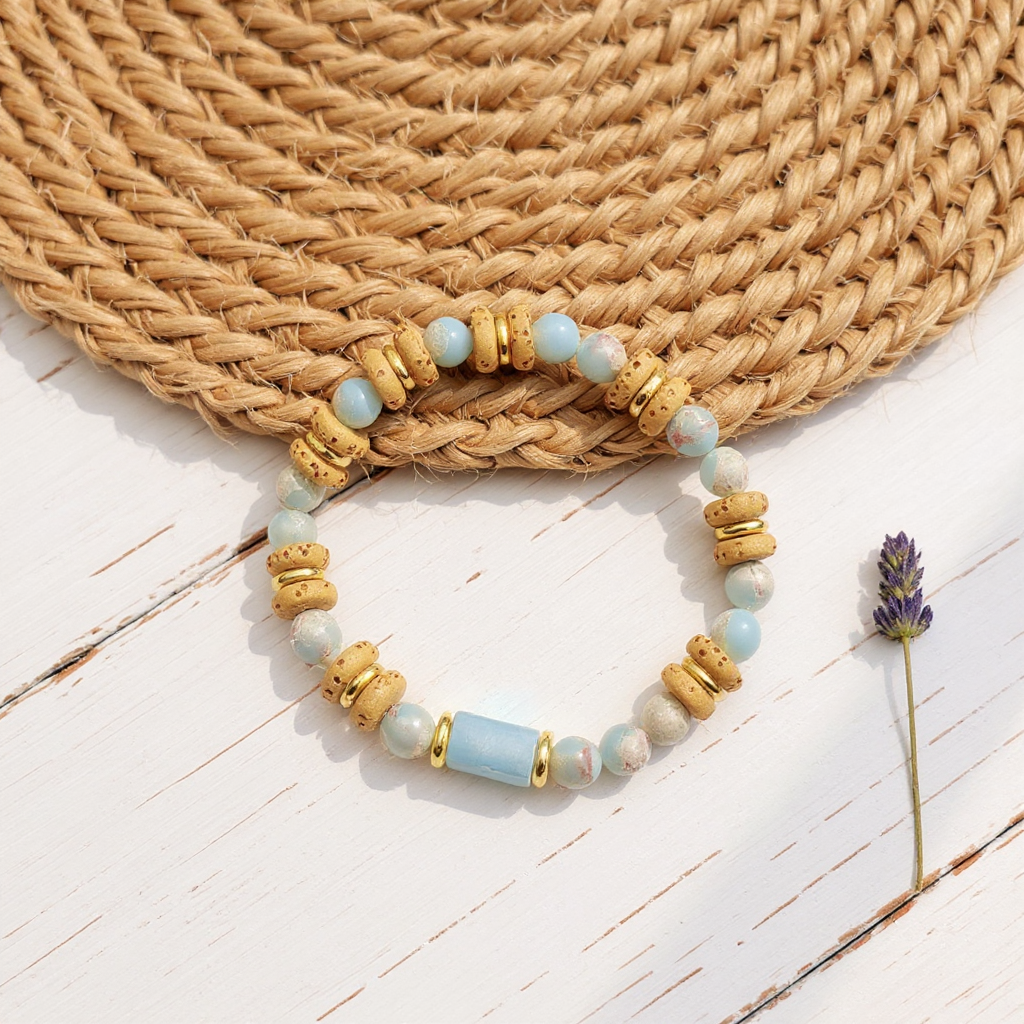 Natural Yellow Lava Rock and Synthetic Aqua Terra Jasper plus Natural Aquamarine Beads Stretch Bracelet