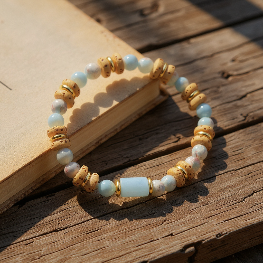Natural Yellow Lava Rock and Synthetic Aqua Terra Jasper plus Natural Aquamarine Beads Stretch Bracelet
