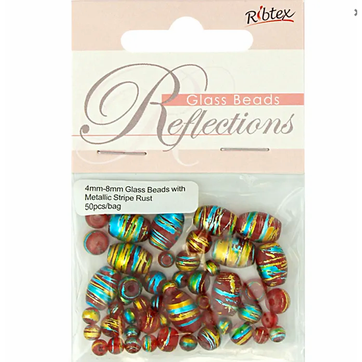 Glass Red Metallic Stripe Beads Rust Assorted sizes pack of 50x, Ribtex Sensations, Jewellery Making, Beading, Craft