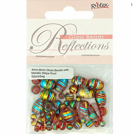 Glass Red Metallic Stripe Beads Rust Assorted sizes pack of 50x, Ribtex Sensations, Jewellery Making, Beading, Craft