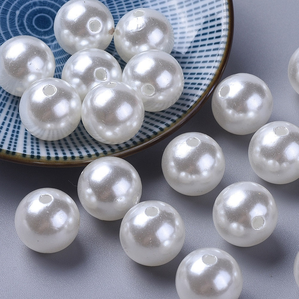 Pearl Beads, 8mm White, Round, Simulate pearl, 2mm hole, Pack of 100x, Plastic